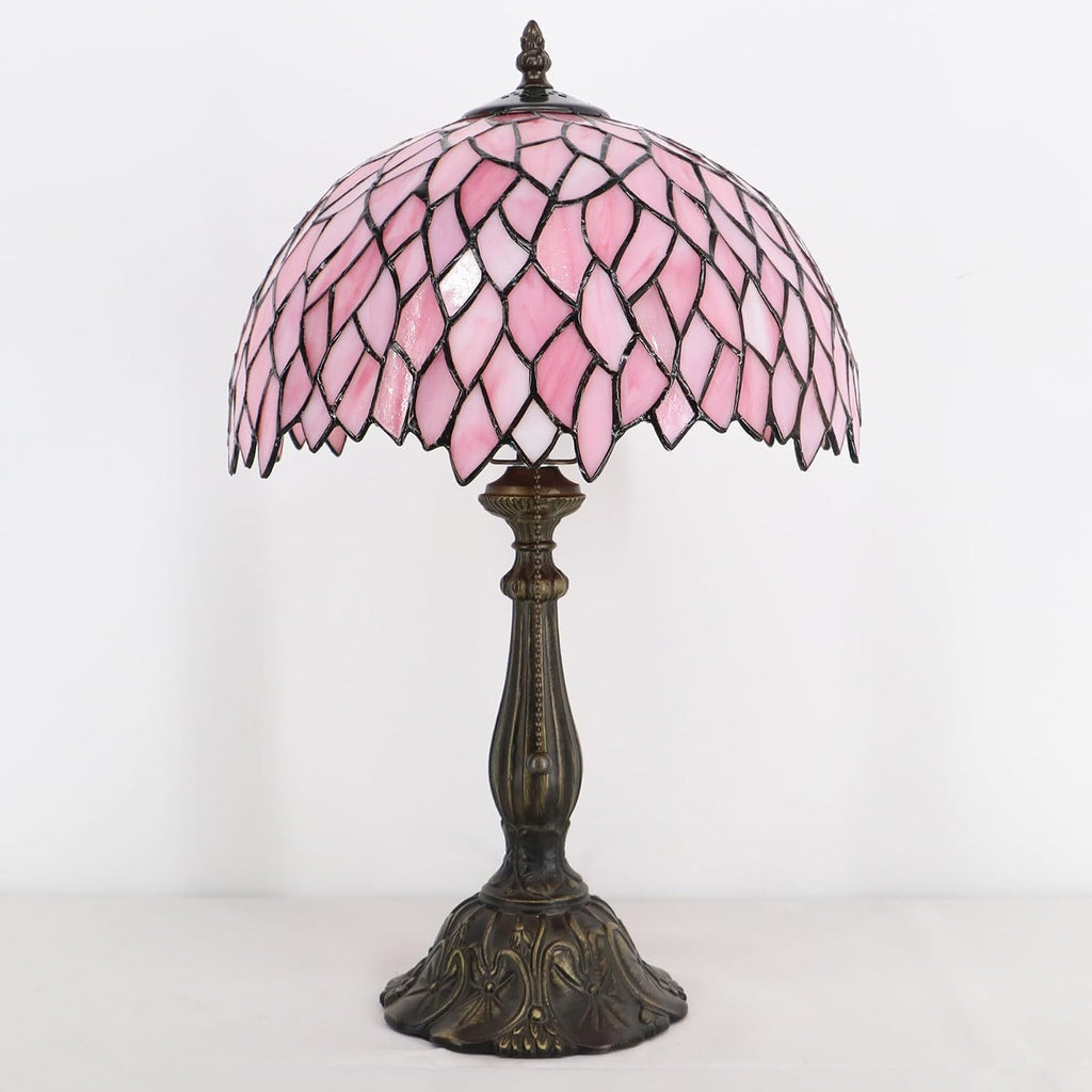Tiffany Lamp Stained Glass Table Lamp Bedside Reading Light W12H19 Inches (Pink Wisteria)