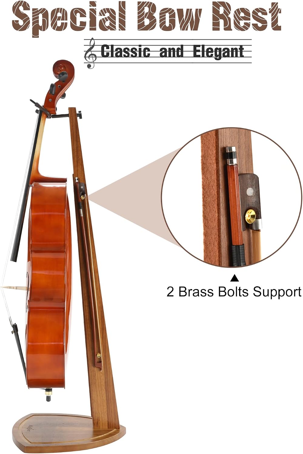 Cello Stand with Bow Holder, Handcrafted Zebra Grain Wood Floor Stand for 4/4 Full-Size and 1/2, 1/4, 3/4, 1/8, 7/8 Cello Home and Studio Display