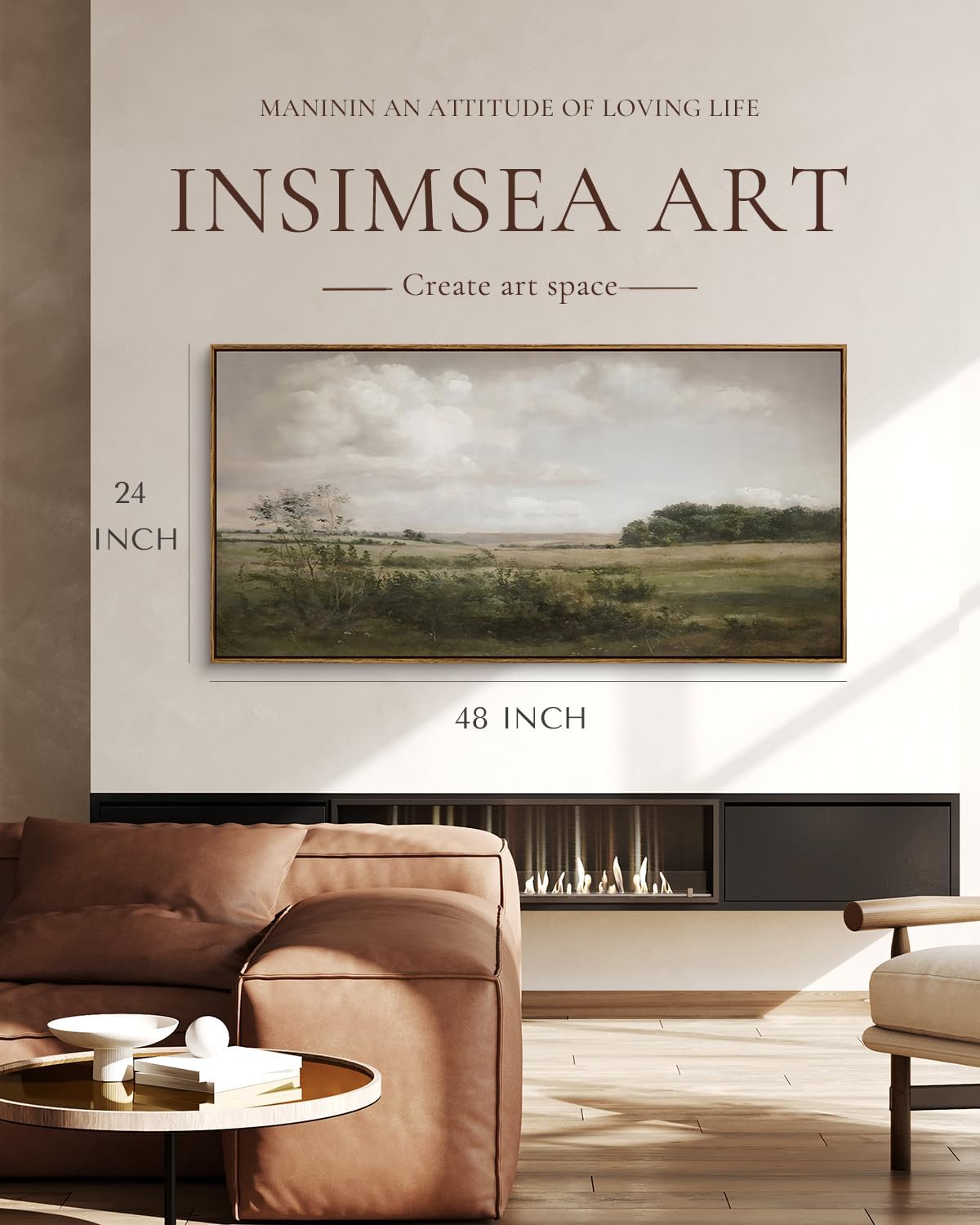 InSimSea Extra Large Framed Vintage Wall Art, Living Room Country Farmhouse Decor, Wilderness Landscape Paintings, Canvas Prints, Retro Farm Long Picture for Bedroom Above of Bed,24x48inch
