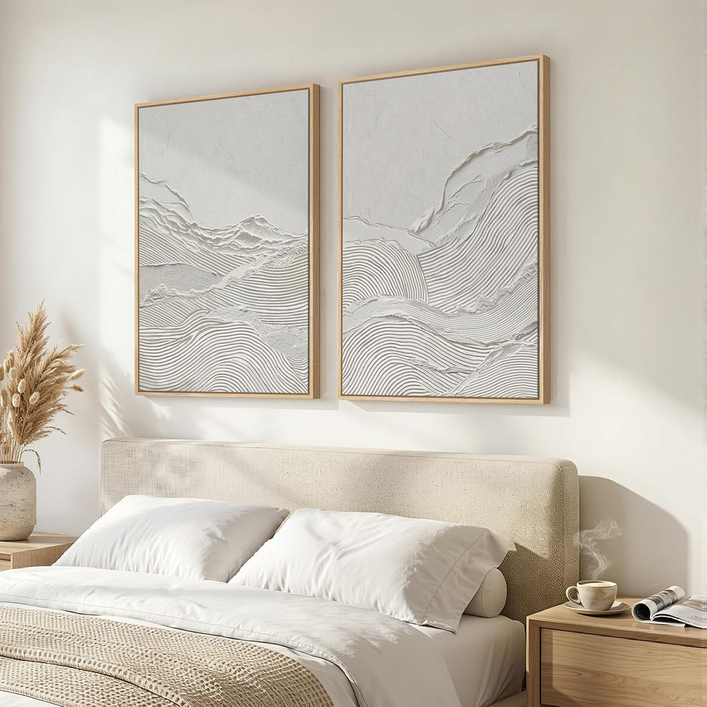 Large Framed White Abstract Wall Art Set of 2 for Living Room, Neutral Minimalist Modern Print Canvas Artwork for Walls, Contemporary Abstract 2D Wall Decor for Bedroom Office Hallway, 24x36 In