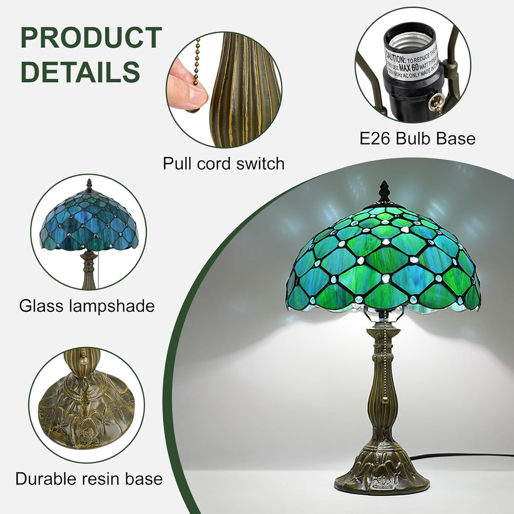 MOAN Lamp Stained Glass Table Lamp 12X12X19 Inch Bedside Reading Light Antique Bronze Base(Sea Blue Pearl Style)