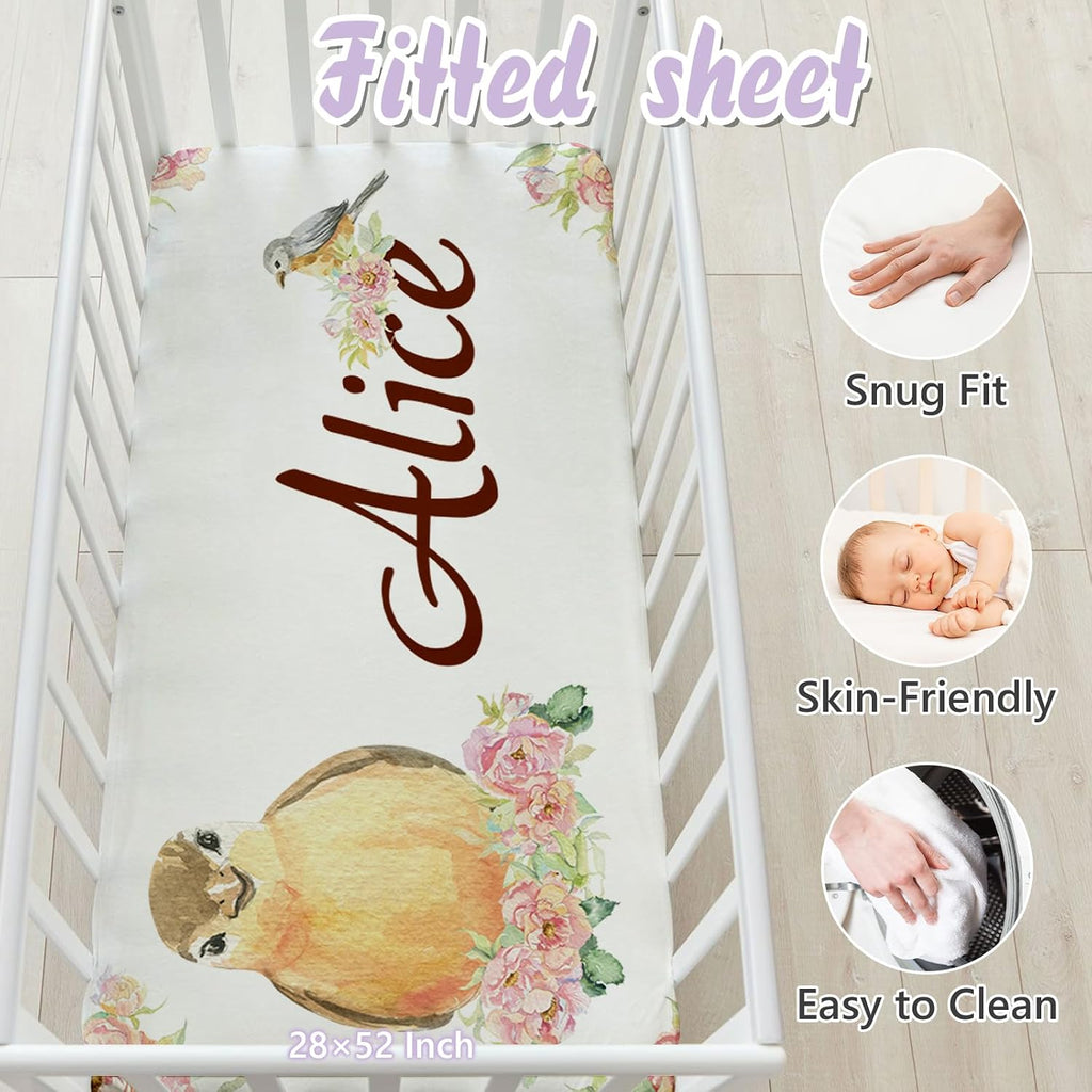 Custom Baby Crib Bedding Set, 5 PCS Personalized Name Baby Crib Sets for Girls Boys, Bird Theme Nursery Bedding Sets for Infant Toddler, Double Layer Flannel Bed Set Customized Gifts