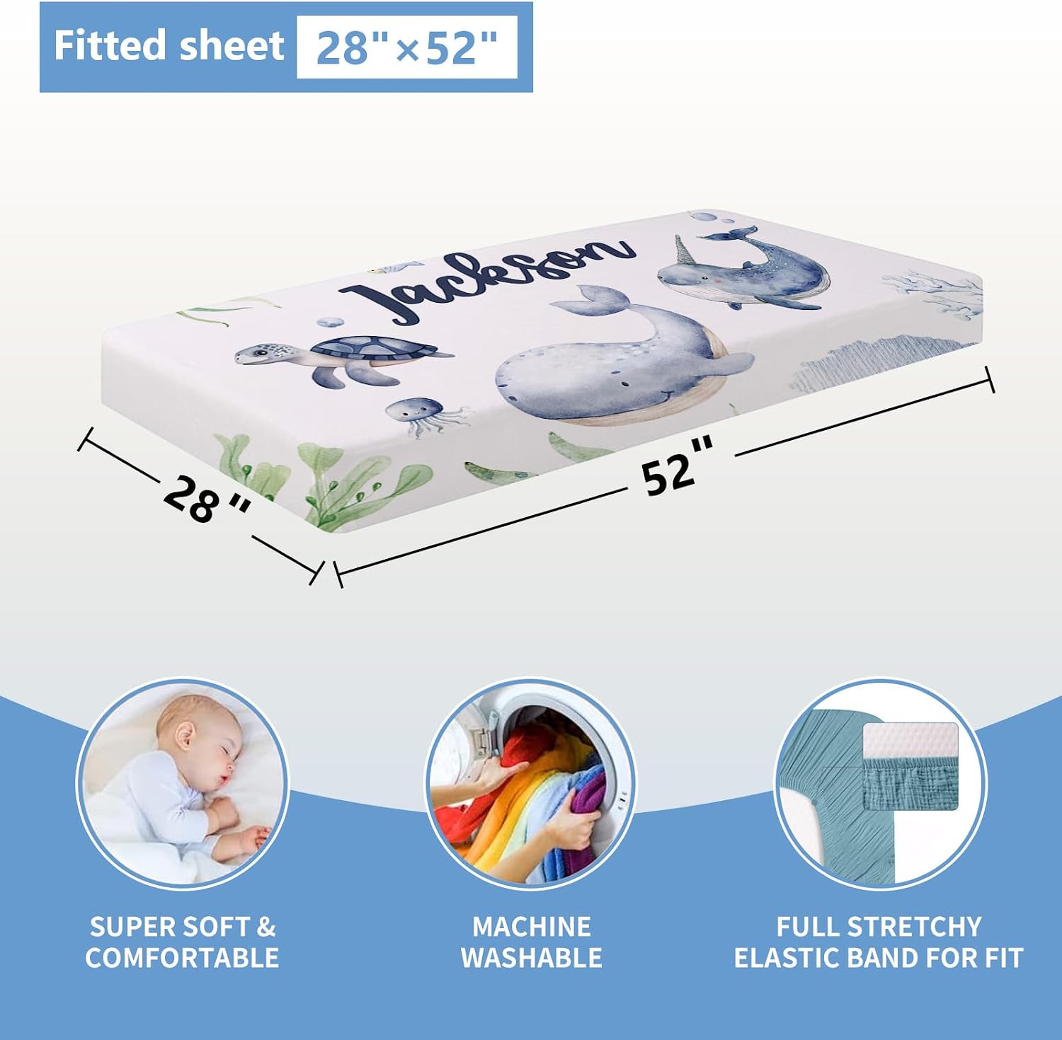 KAINSY Personalized Baby Crib Bedding Set, 5 Pcs Custom Name Bedding Set, Double Layer Nursery Set, Ocean Animal Crib Set for Girls & Boys, Gift for Toddler & Infant