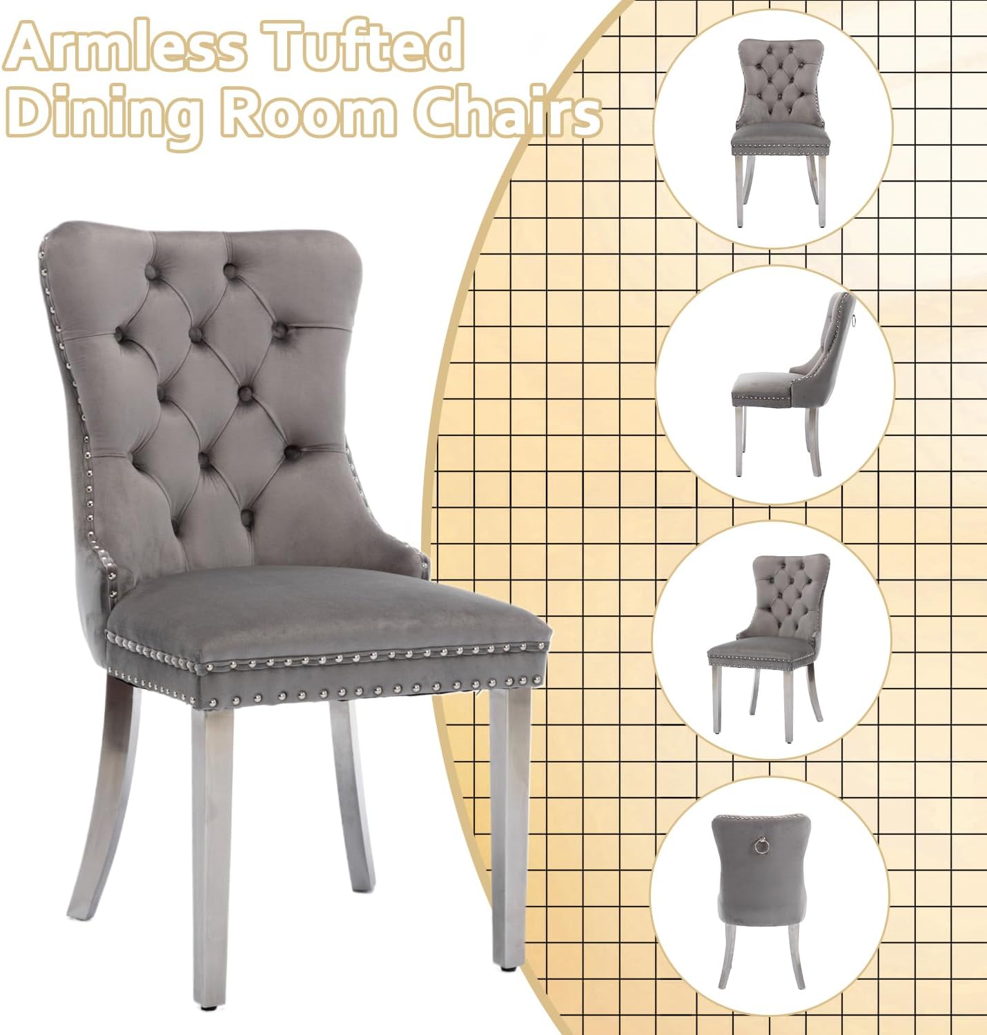 2 Piece Contemporary Velvet Upholstered Dining Chair with Chrome Stainless Steel Plating Legs, Nail Head Decro, Armless Tufted Dining Chair Fabric Dining Room Chair (Gray&Silver, Set of 2)