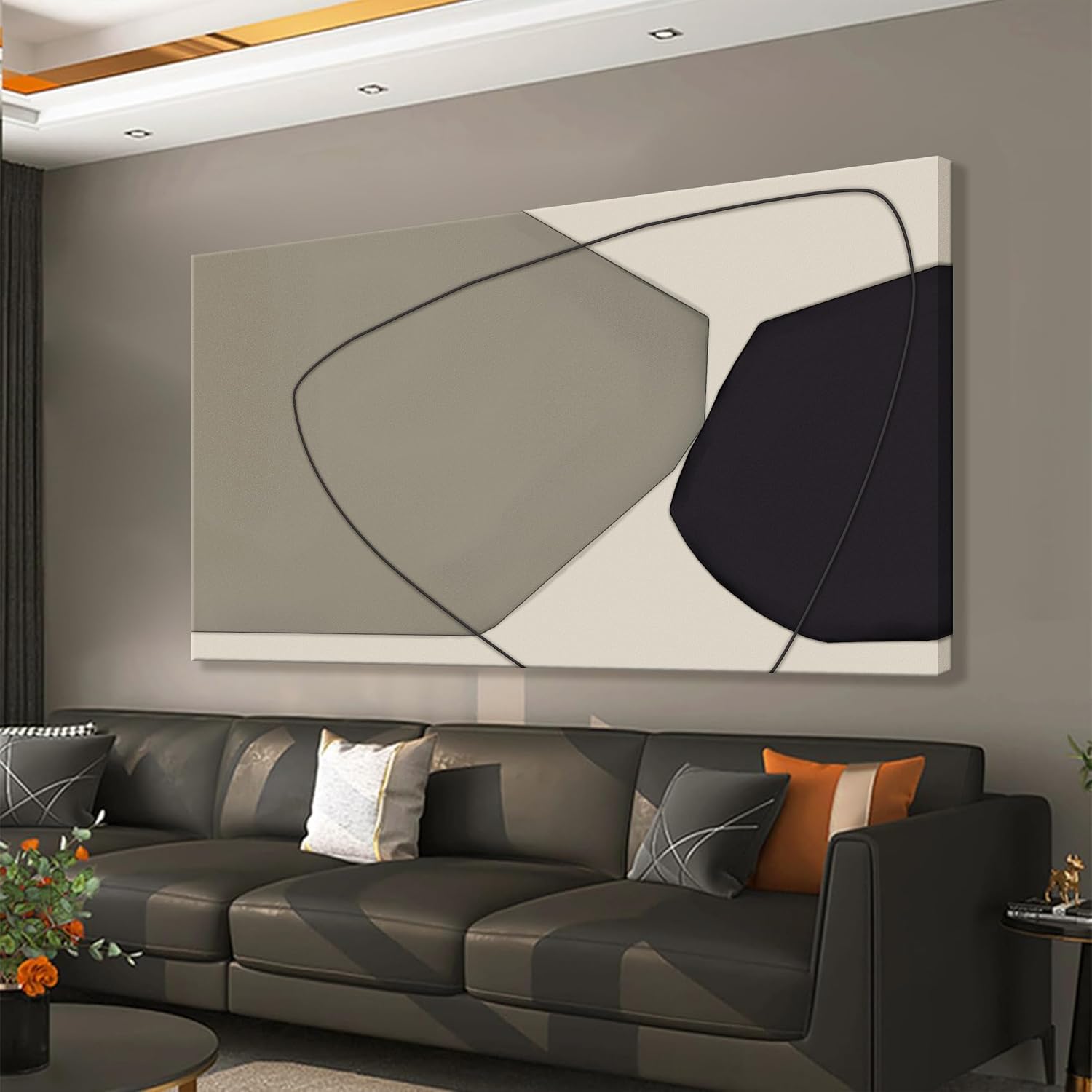 Large Abstract Wall Art Black And Grey White Wall Art Geometric Color Block Line Painting Artwork Canvas Art Wall Decor Simple Picture Artwork For Living Room Bedroom Office Home Artwork 29'X 58'