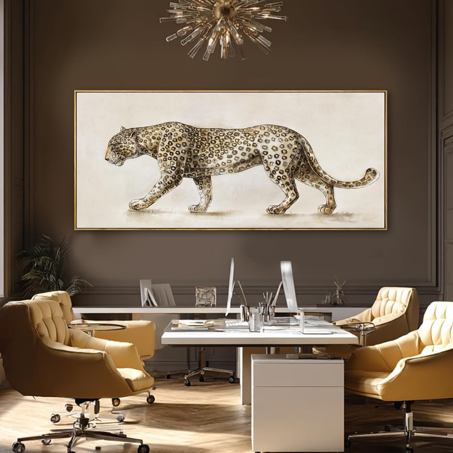 Leopard Canvas Wall Art, Neutral Animal Framed Artwork, Extra Wide Horizontal Wall Decor, Large 32×70 Inch Art for Living Room Bedroom Over Sofa