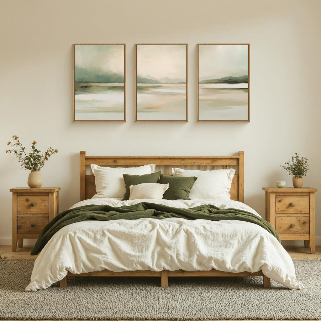 Large Abstract Sage Green Pastel Framed Canvas Wall Art Set,Minimalist Neutral Landscape Wall Decor,Modern Watercolor Mountain Lake Artwork for Living Room,Bedroom-24 x36 x3