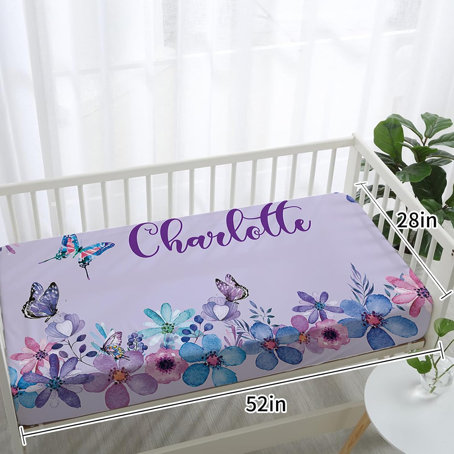 TOOTANN Custom Baby Crib Bedding Set, 5 Pcs Personalized Name Baby Crib Sheets for Kid Toddler Infant, Light Purple Background with Butterflies Nursery Bedding Set