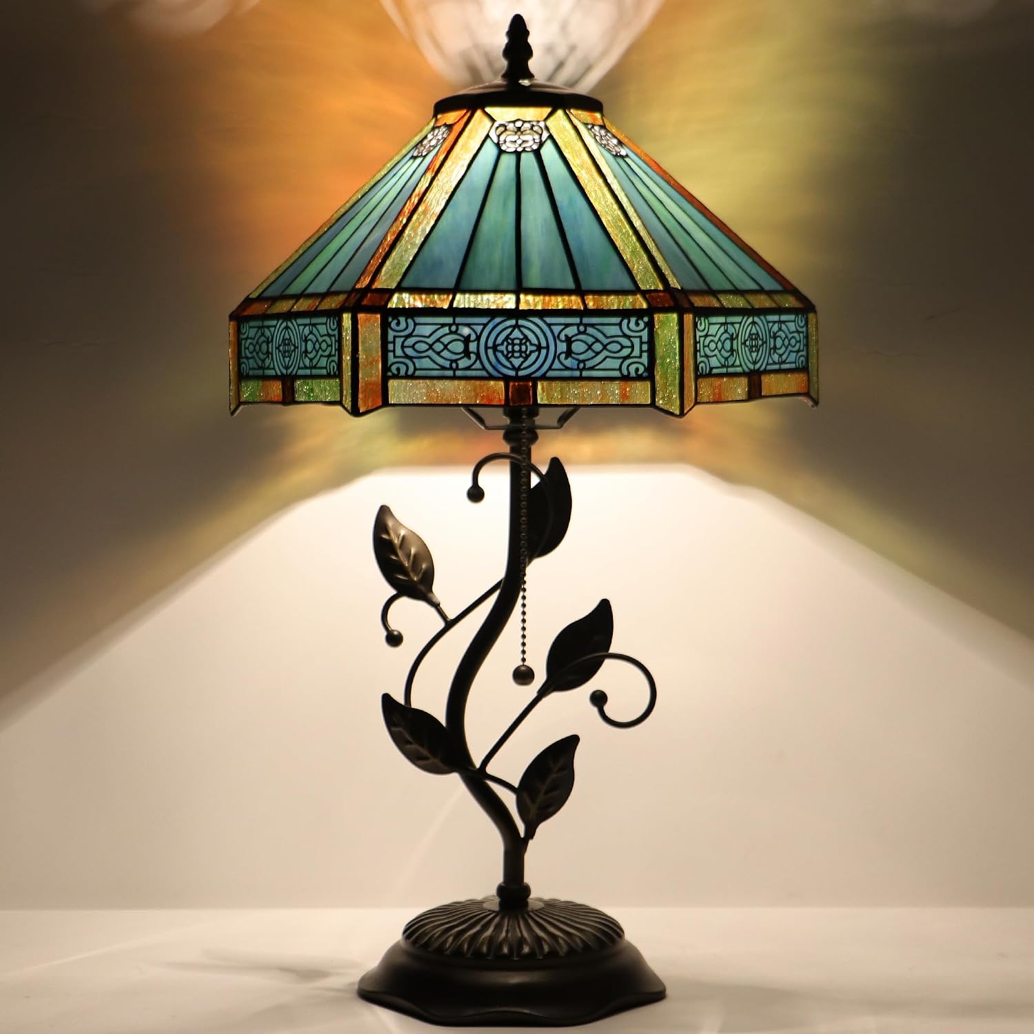 Tiffany Table Lamp Stained Glass Desk Lamp Metal Leaf Base Reading Light 12X19 Inch (Hexagon Mission Style)