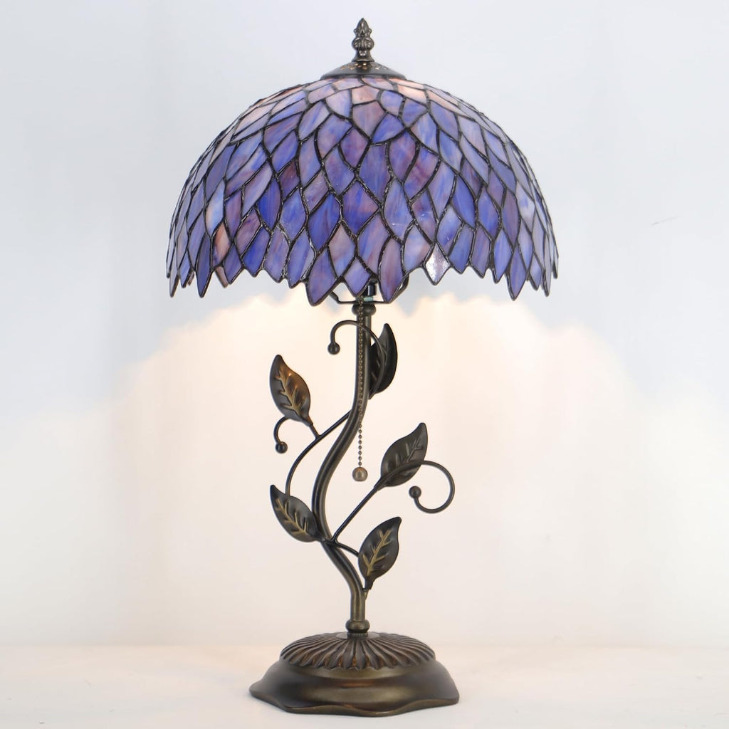 Tiffany Table Lamp Stained Glass Desk Lamp Metal Leaf Base Reading Light 12X19 Inch (Wisteria Style)