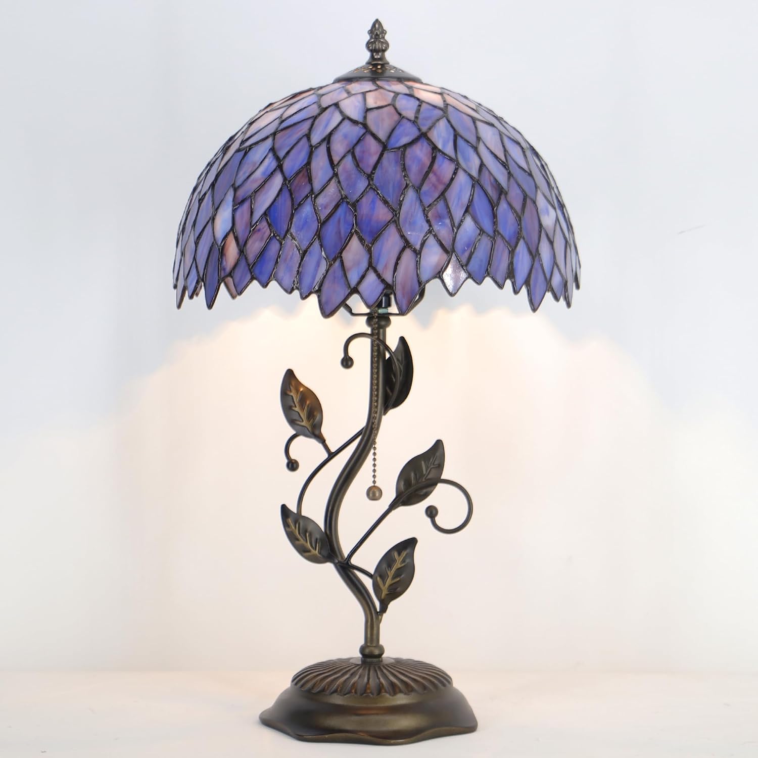 Tiffany Table Lamp Stained Glass Desk Lamp Metal Leaf Base Reading Light 12X19 Inch (Wisteria Style)