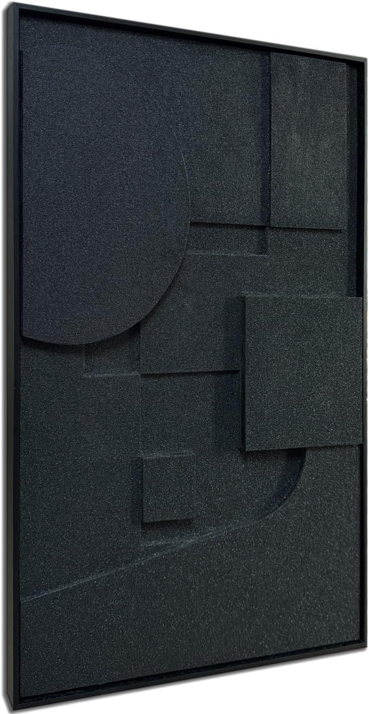 Slyart Black Textured Wall Art, Handmade Contemporary Art 3D Abstract Relief Painting, Framed Thick Texture Vertical Wall Art 24x36 Inch