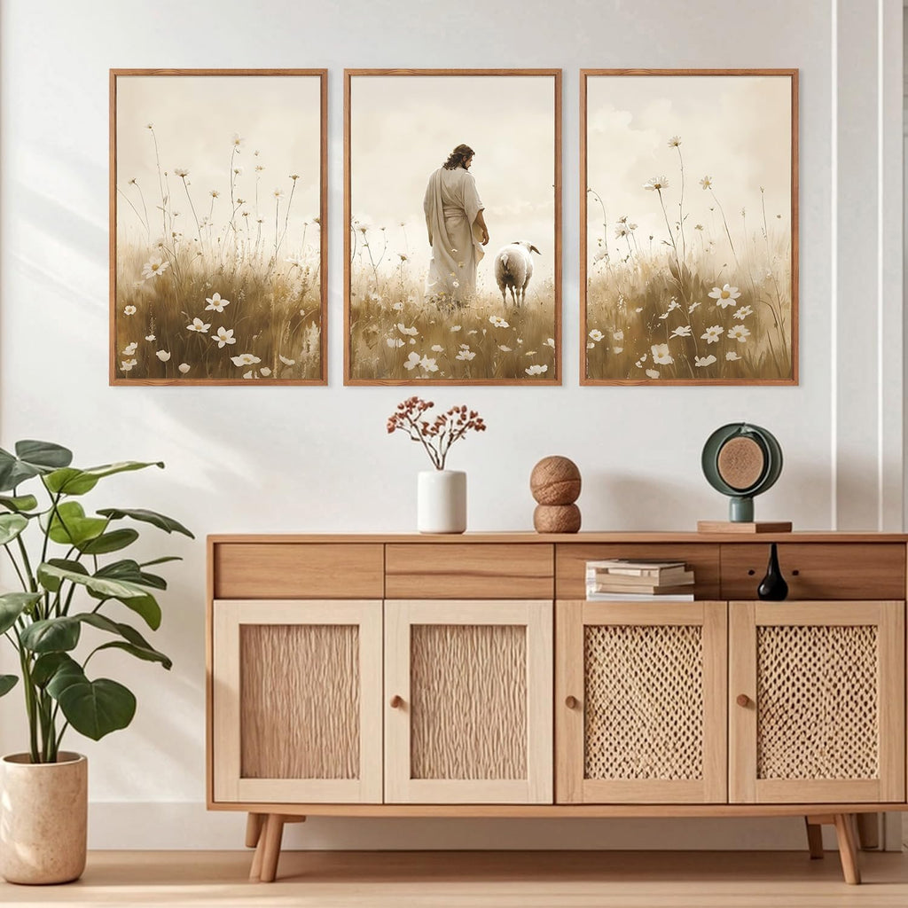 KAIRNE Jesus Wall Art Set of 3(24'X36'),Lost Sheep Wall Decor,Religious Scripture Art Print,Christian Bible Wall Paintings,White Floral Pictures for Church Bedroom Living Room Office Decoration,Framed