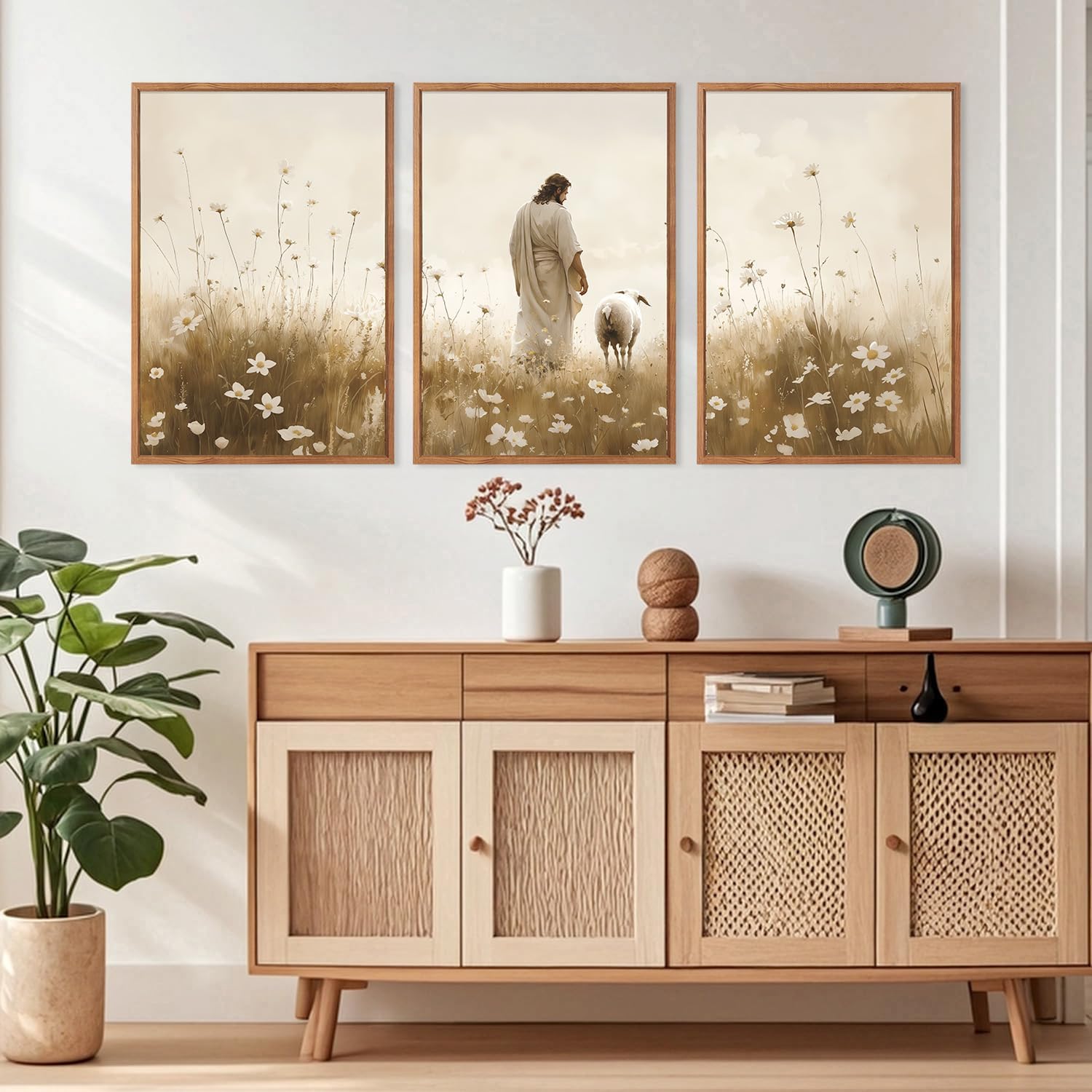 KAIRNE Jesus Wall Art Set of 3(24'X36'),Lost Sheep Wall Decor,Religious Scripture Art Print,Christian Bible Wall Paintings,White Floral Pictures for Church Bedroom Living Room Office Decoration,Framed