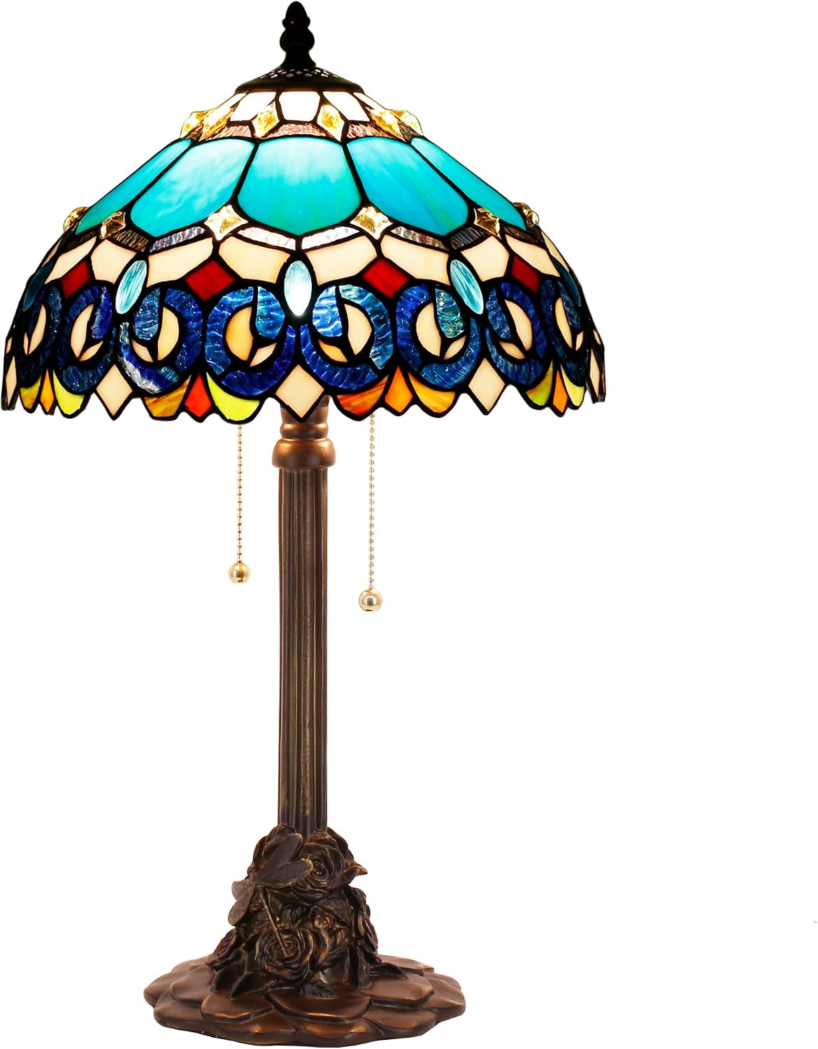 Table Lamp Stained Glass Desk Lamp 12X12X21Inch Resin Base for Bedroom Living Room Reading Light (Blue Jewelry Baroque)