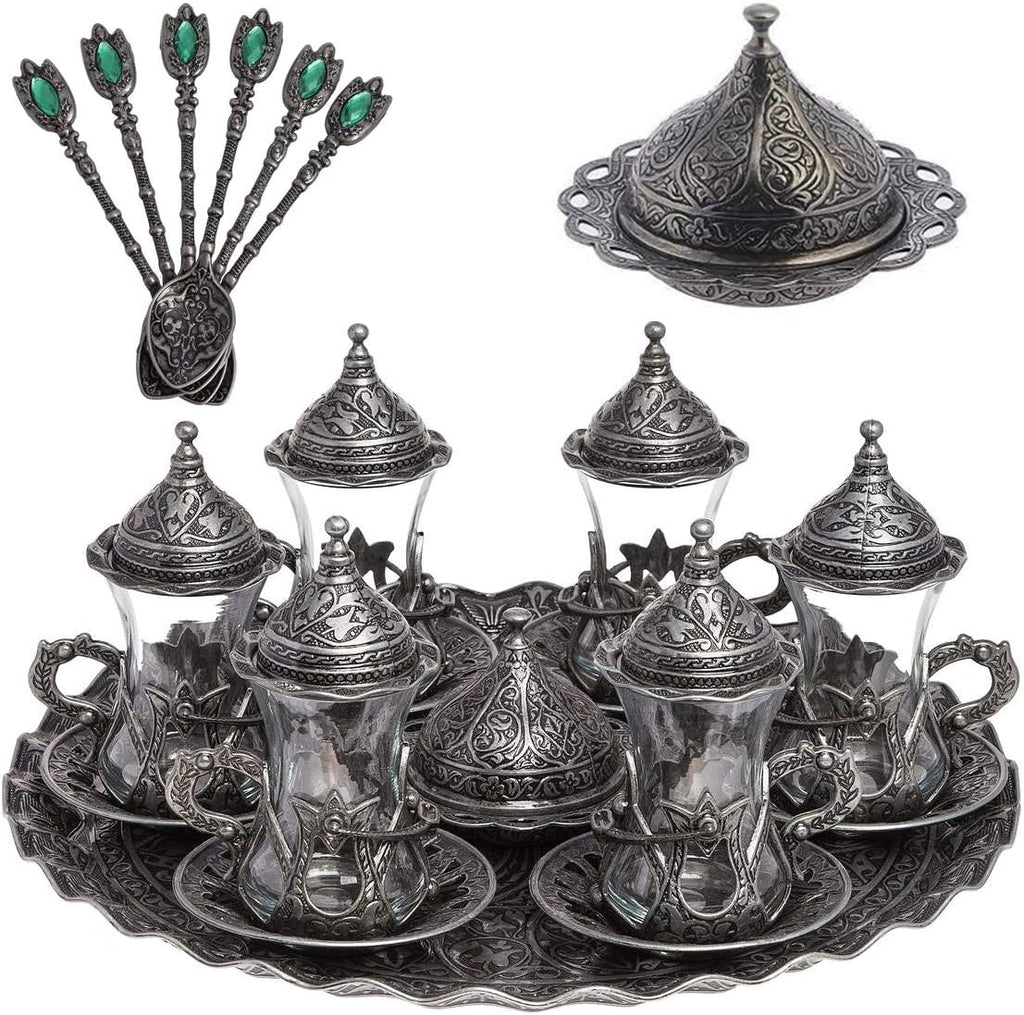Alisveristime Handmade Turkish Tea Water Zamzam Serving Set Glasses Saucer, Tray and Spoon (Authentic Black)