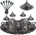 Alisveristime Handmade Turkish Tea Water Zamzam Serving Set Glasses Saucer, Tray and Spoon (Authentic Black)