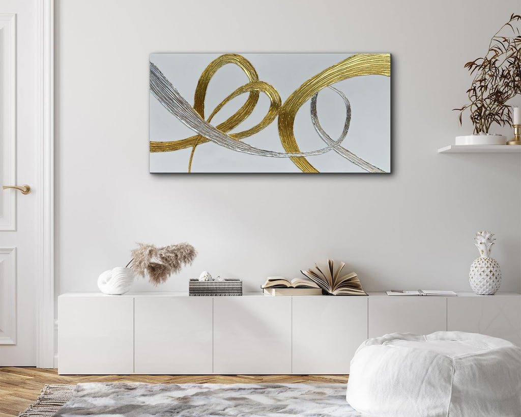 Creespi Hand-Painted Gold And Silver Foil Textured Wall Art,Abstract Oil Painting On Canvas 24x48 inch,Contemporary Minimalist Art Painting for Home Wall Décor
