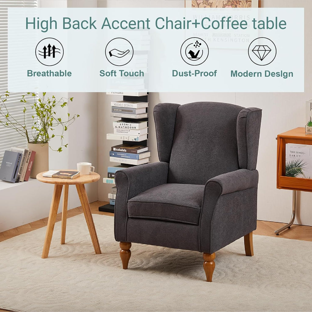Mid-Century High Wingback Chair Set of 2,Modern Fabric Accent Chair Armchair with Solid Wood Coffee Table Set,Leisure Single Sofa Chair for Living Room,Club,Home Reception,Antique Dark Grey