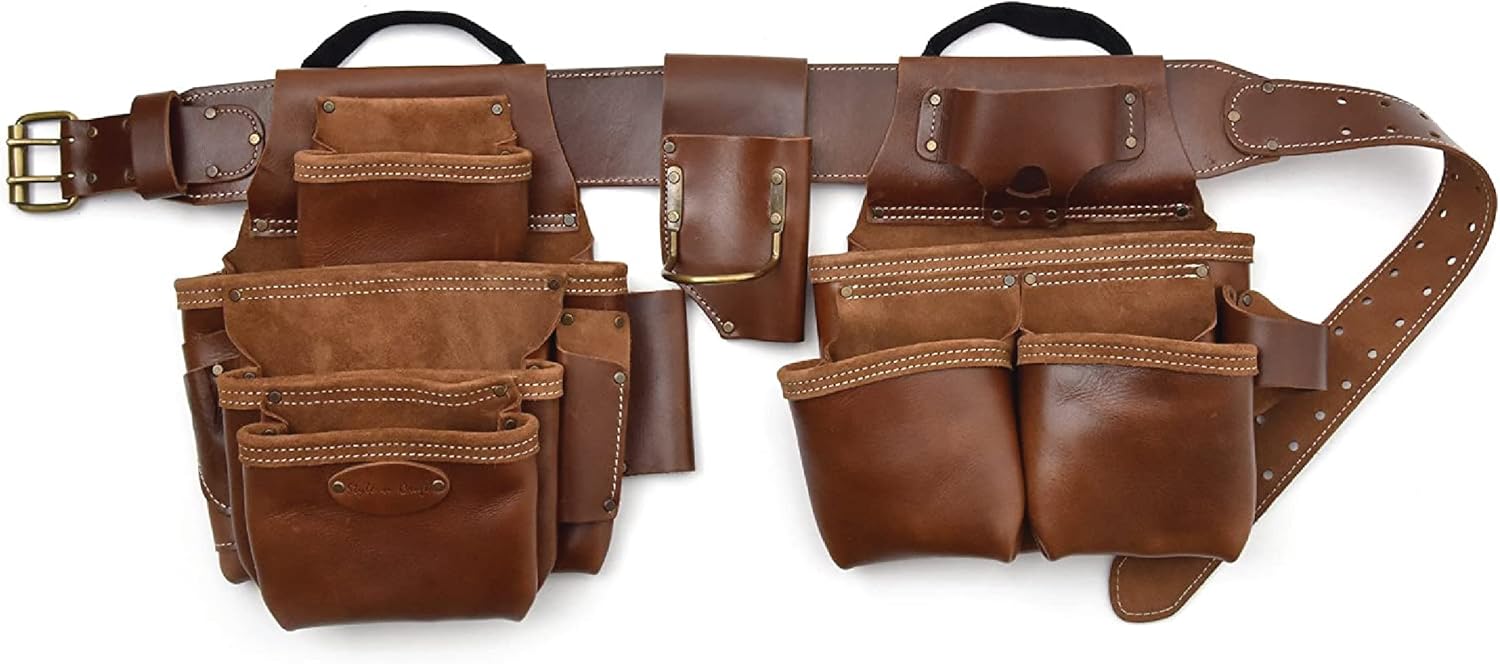 Style n Craft - 4 Piece and 19 Pockets Pro Framer's Combo, Tool Belt with 2 Tool Pouches and 1 Pliers and Hammer Holder, Full-Grain Leather Carpenter Tool Belt Combo, Dark Tan (98444)