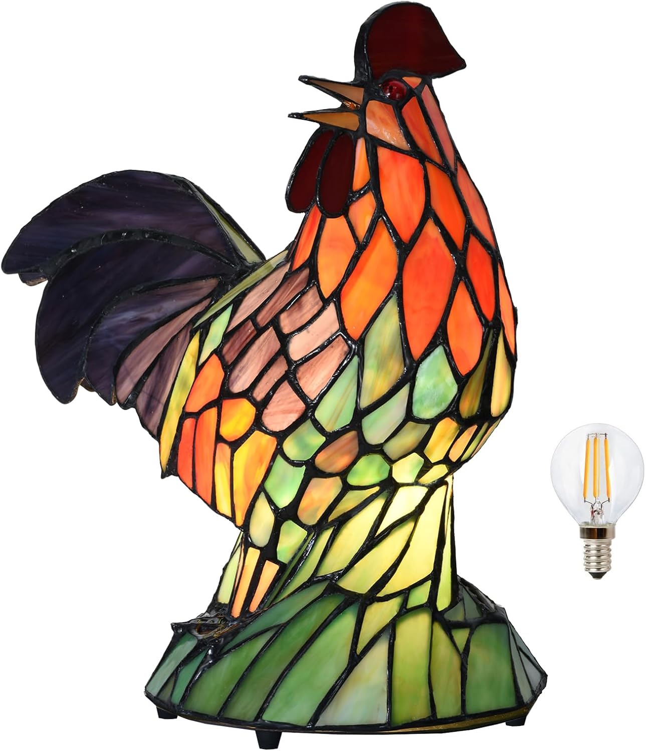 A0022 Tiffany Style Rooster Stained Glass Accent Lamp, Farmhouse Animal Table Light, W 10' x OH 13.75', Handcrafted Art Glass Decor for Bedroom Living Room Kitchen, LED Bulb Included