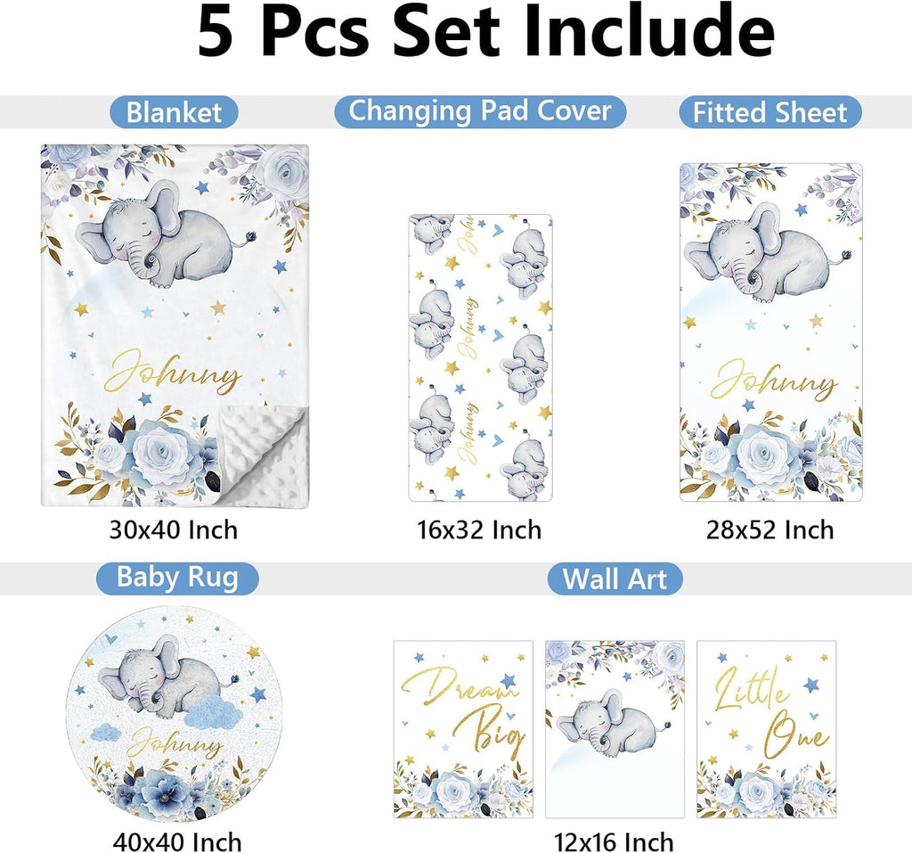 KAINSY Custom Crib Bedding Set 5 Piece for Girls Boys – Personalized Elephant Theme, Newborn Sleep Set, Nursery Decor, Toddler Room Essentials, Infant Sleep, Baby Room Accessories, Baby Gift