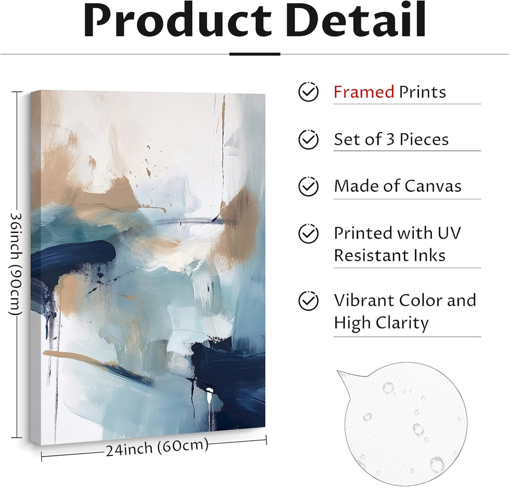Navy Blue Pictures Wall Art Abstract Modern Painting Canvas Brown Watercolor Wall Art Decor Abstract Blue Poster Minimalist Graffiti Prints Artwork for Living Room 24x36 Inch Set of 3