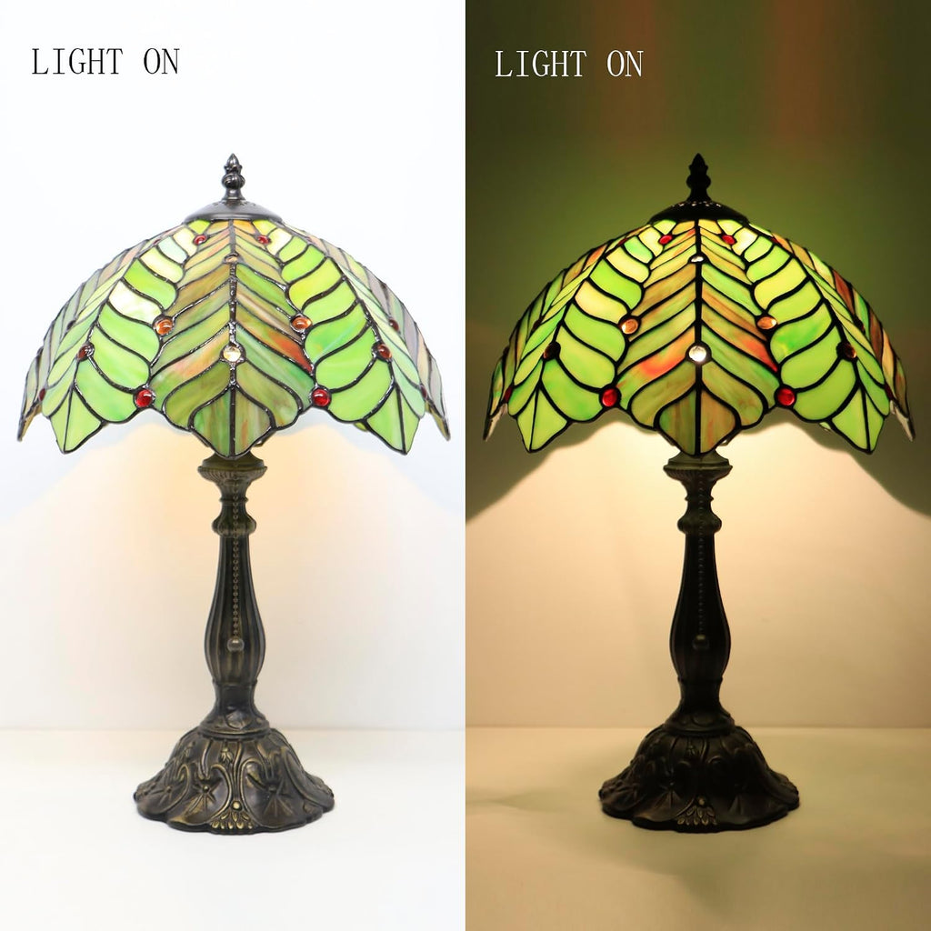 Tiffany Lamp Stained Glass Table Lamp Bedside Reading Light W12H19 Inches (Brown Green Leaf)