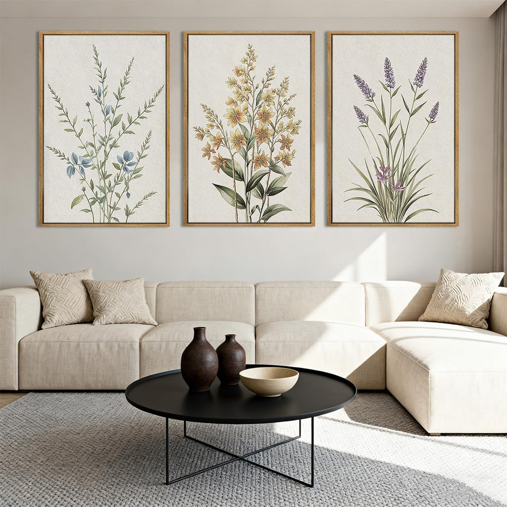 Anyzal Extral Large Botanical Framed Wall Art 24x36 Inch Neutral Floral Canvas Wall Decor Minimalist Beige Wildflower Painting for Living Room Bedroom Dining Room Set of 3