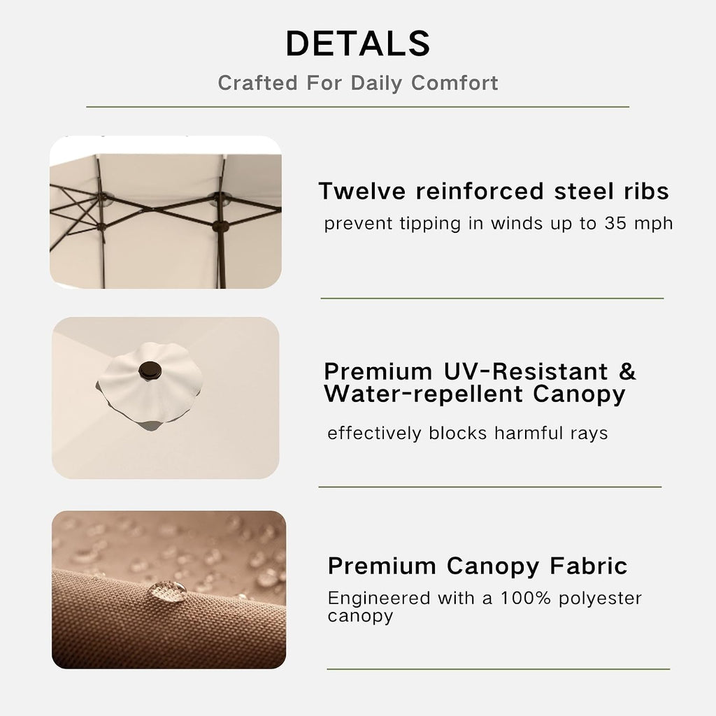 Kingdura 15ft Large Patio Umbrella with Base Included, Double-Sided Rectangle Outdoor Table Umbrella with 12 Reinforced Ribs, Crank Lift for Market Pool Deck Backyard, Beige