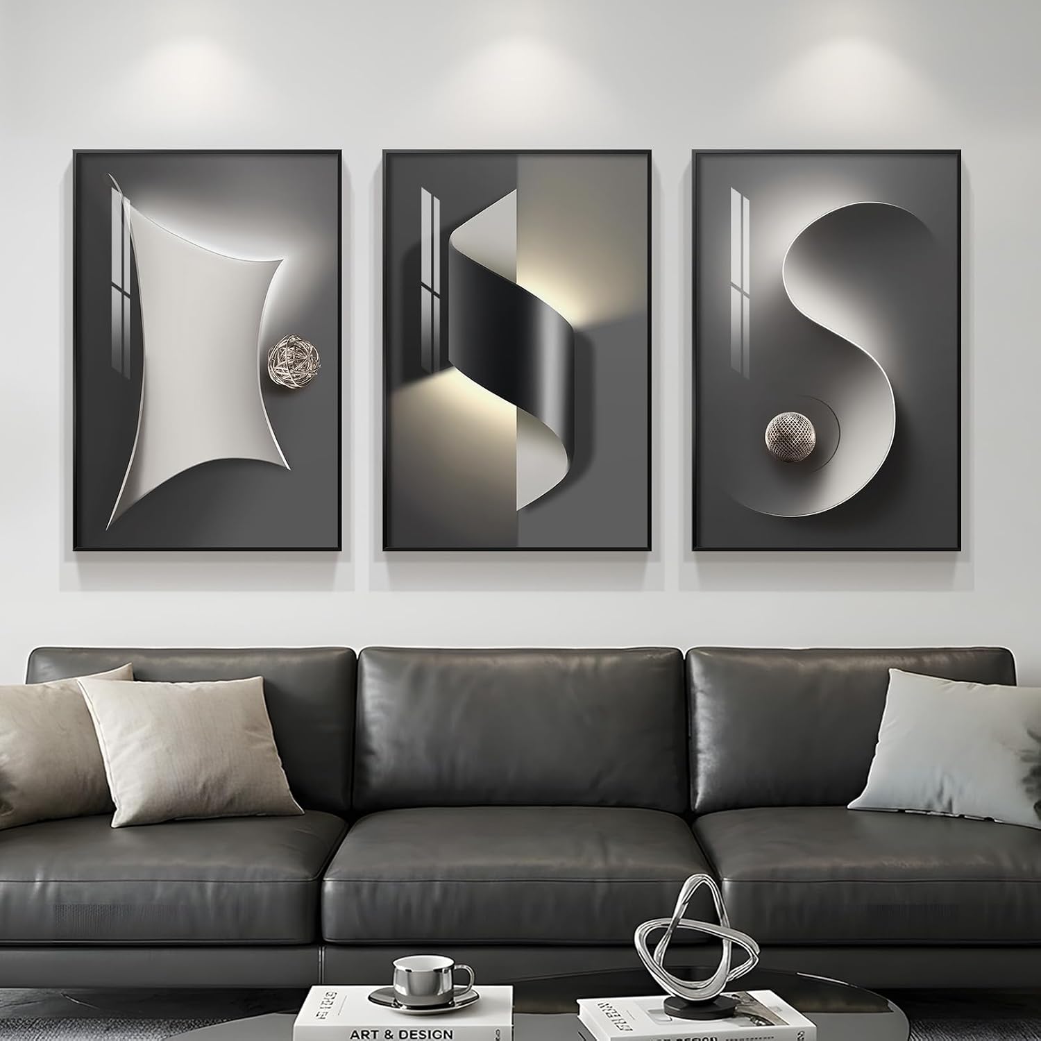 3 Piece Framed Black and White Abstract Wall Art for Living Room, Large Modern Minimalist Geometric Picture Prints Paintings, Bright Style Luxury Artwork for Bedroom Dining Room Wall Decor 20x30 Inch
