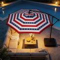 10ft Solar LED Cantilever Patio Umbrella, Stars and Stripes Patriotic Design Offset Outdoor Umbrella, Large Red White Blue Sun Shading with Base, Flag-Themed Decor for 4th of July, Memorial Day