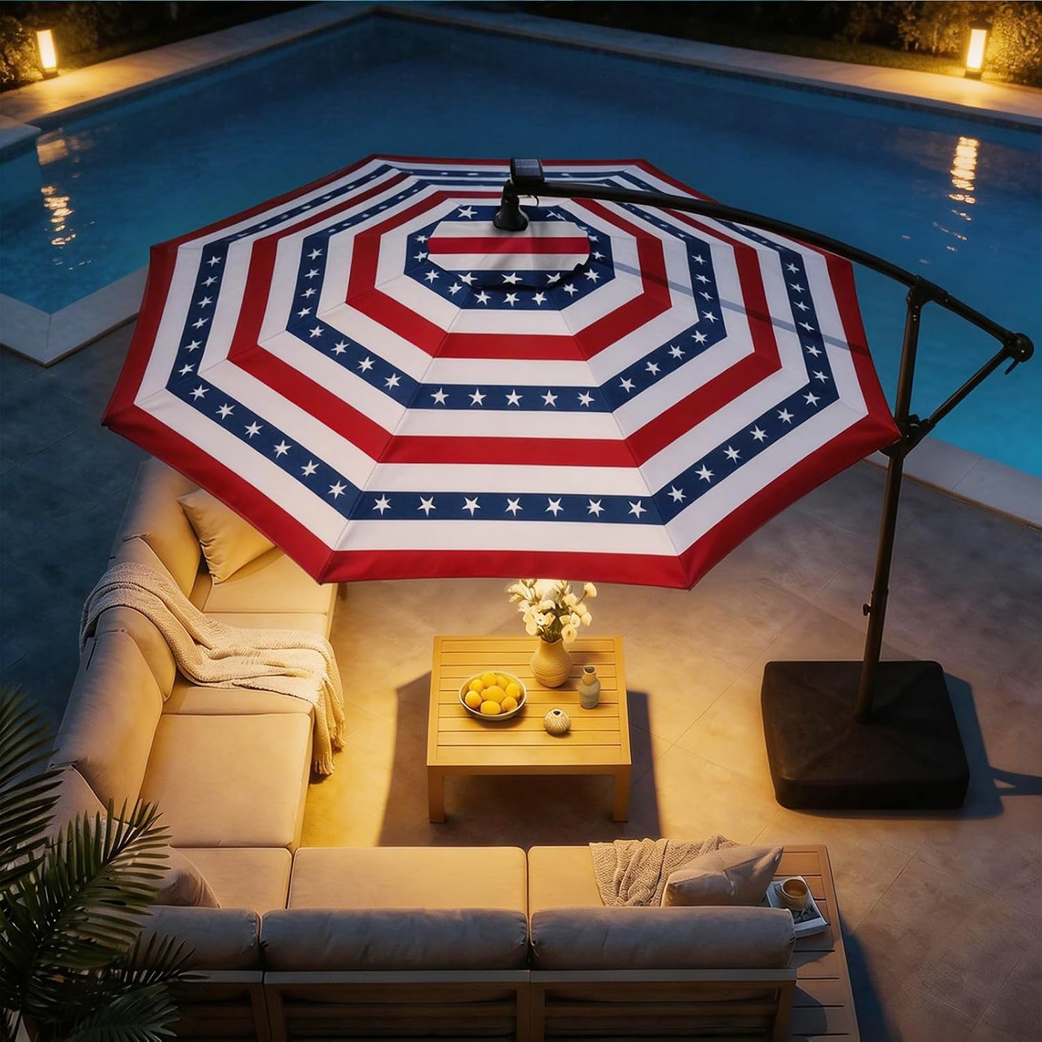 10ft Solar LED Cantilever Patio Umbrella, Stars and Stripes Patriotic Design Offset Outdoor Umbrella, Large Red White Blue Sun Shading with Base, Flag-Themed Decor for 4th of July, Memorial Day