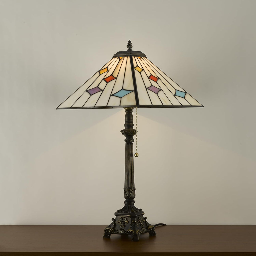 Tiffany Table Lamps White Stained Glass Stripes Checkered Style Mission Desk Lamp 12X12X24 Inch Bronze Resin Base