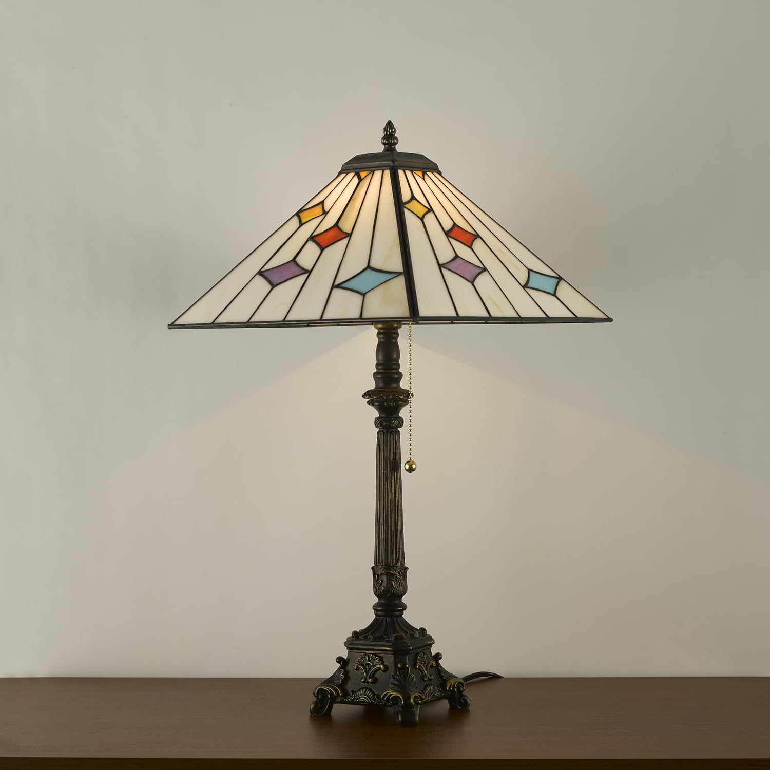 Tiffany Table Lamps White Stained Glass Stripes Checkered Style Mission Desk Lamp 12X12X24 Inch Bronze Resin Base