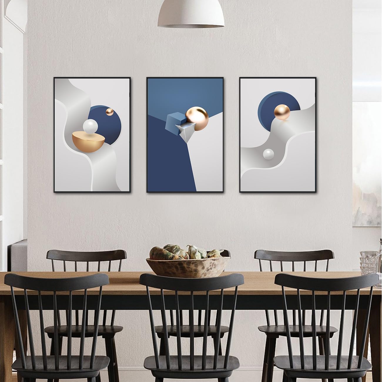 QKF Large Blue Geometry Abstract Wall Art Bright Canvas Decorative Painting Now Home, Bedroom, Living Room Painting Poster Printing Wall Decor 3-piece Set 20' X 28'