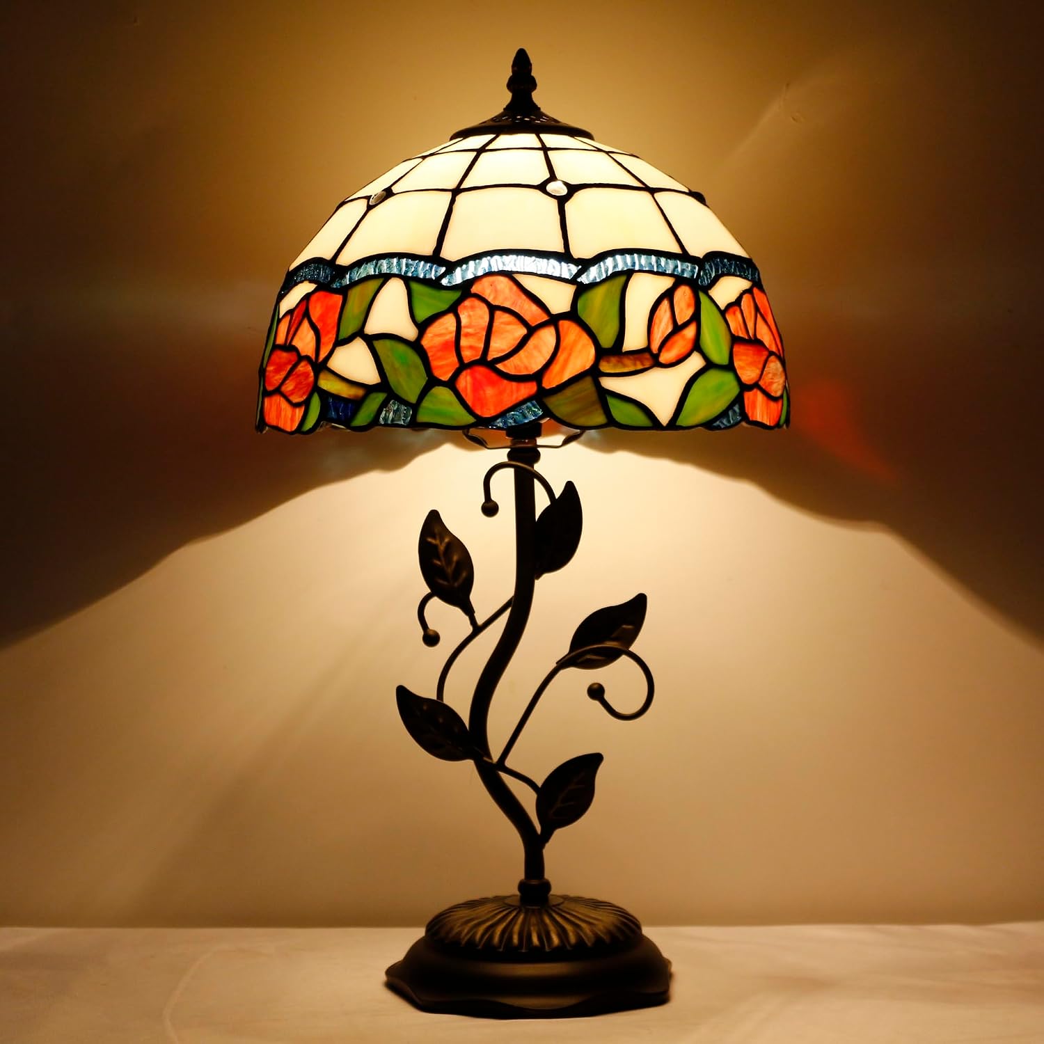 Tiffany Lamp Rose Flower Style Stained Glass Table Lamp Desk Bedside Reading Light 12X12X19 Inches with Metal Leaf Base Decor Bedroom Living Room
