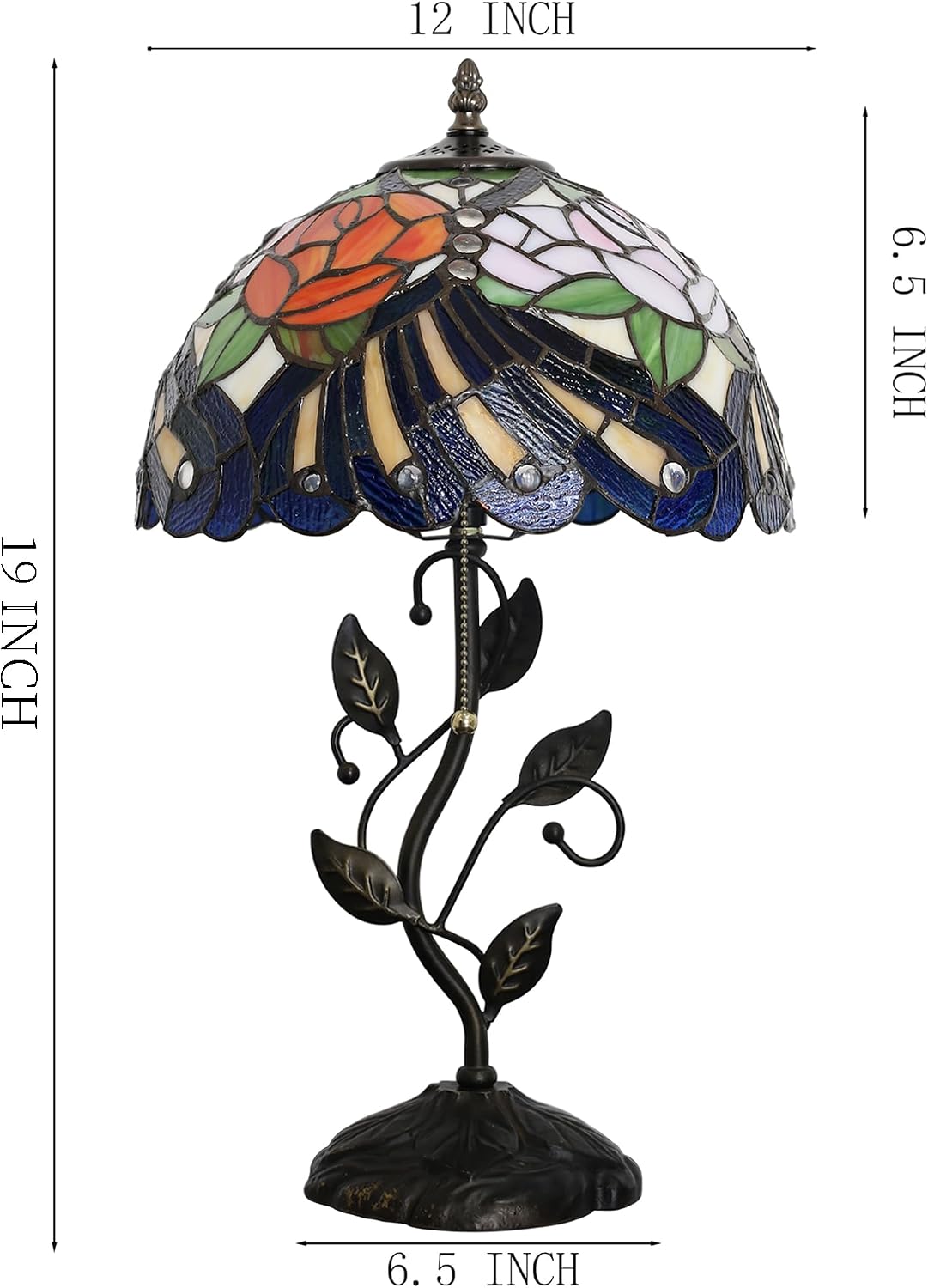 Tiffany Lamp Stained Glass Style Table Lamp Rose Style Bedside Desk Reading Light W12H19 Inch Metal Leaf Base with Metal Leaf Base