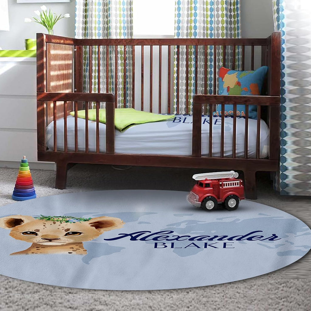 Personalized Baby Crib Bedding Set for Baby Boys Girls, Blue Leopard Pattern Custom Name Baby Crib Sets 5-Pcs, Toddler Double Layer Blanket Fitted Sheets Changing Pad Cover Rug Wall Art Set