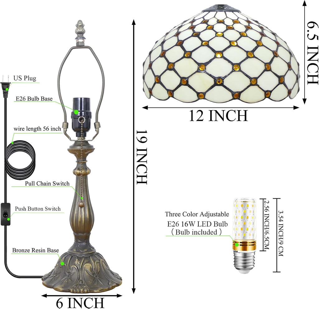 Tiffany Lamp Stained Glass Table Lamp Antique Bedside Reading Light W12H19 Inches (Cream Amber Pearl)