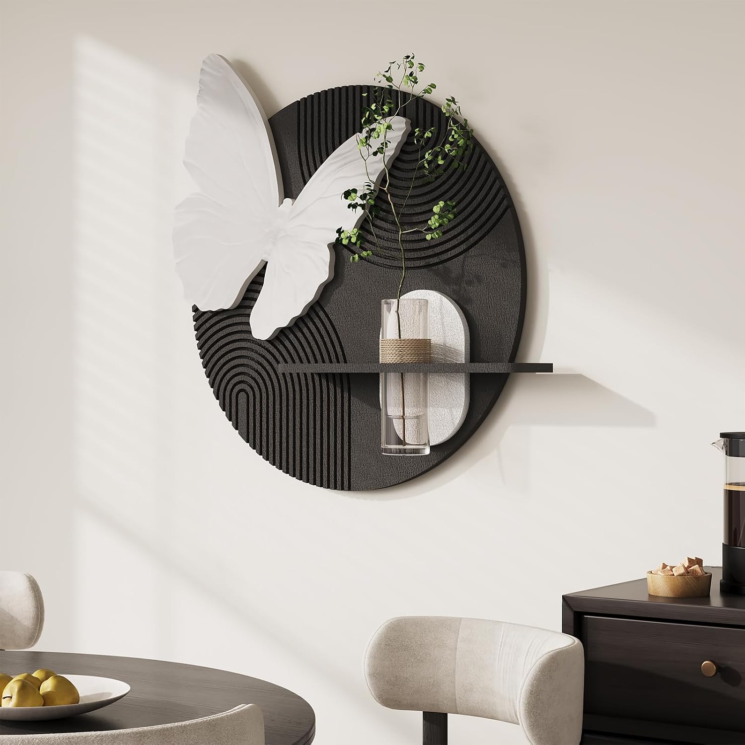 3D Black and White Butterfly Wall Art Decor for Living Room, Modern Minimalist Textured Artwork for Walls with Vase, Geometric Round Sandstone Wall Decor for Dining Room Hallway Bedroom Office