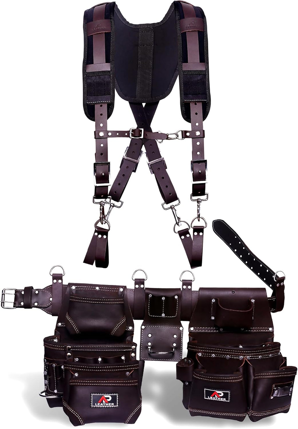 Tool Belt for Men – 4MM Full-Grain Geniune Leather | Brass Hardware | Foam-Padded Comfort Tool Pouch | 28-Pocket Carpenter & Framing Rig with Suspender Support | Waist Size 32' – 52'