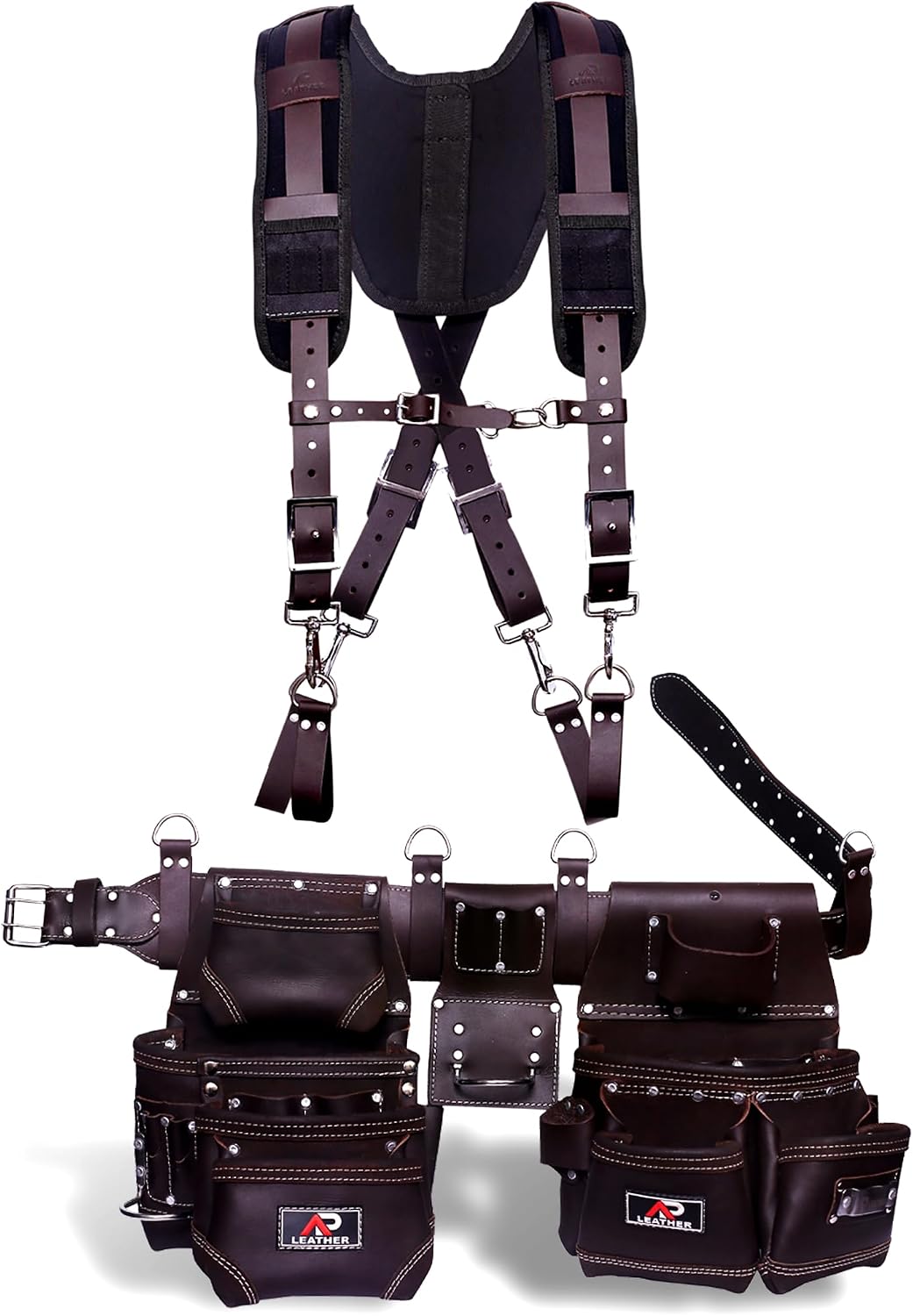 Tool Belt for Men – 4MM Full-Grain Geniune Leather | Brass Hardware | Foam-Padded Comfort Tool Pouch | 28-Pocket Carpenter & Framing Rig with Suspender Support | Waist Size 32' – 52'