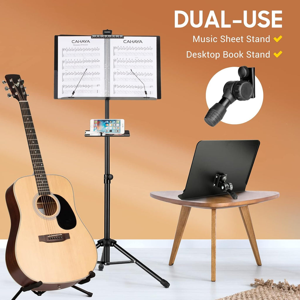 CAHAYA - Dual Use Sheet Music Stand with Holding Tray and Desktop Book Holder, Sheet Music Folder, Projector Stand for Guitar, Ukulele, Violin Players