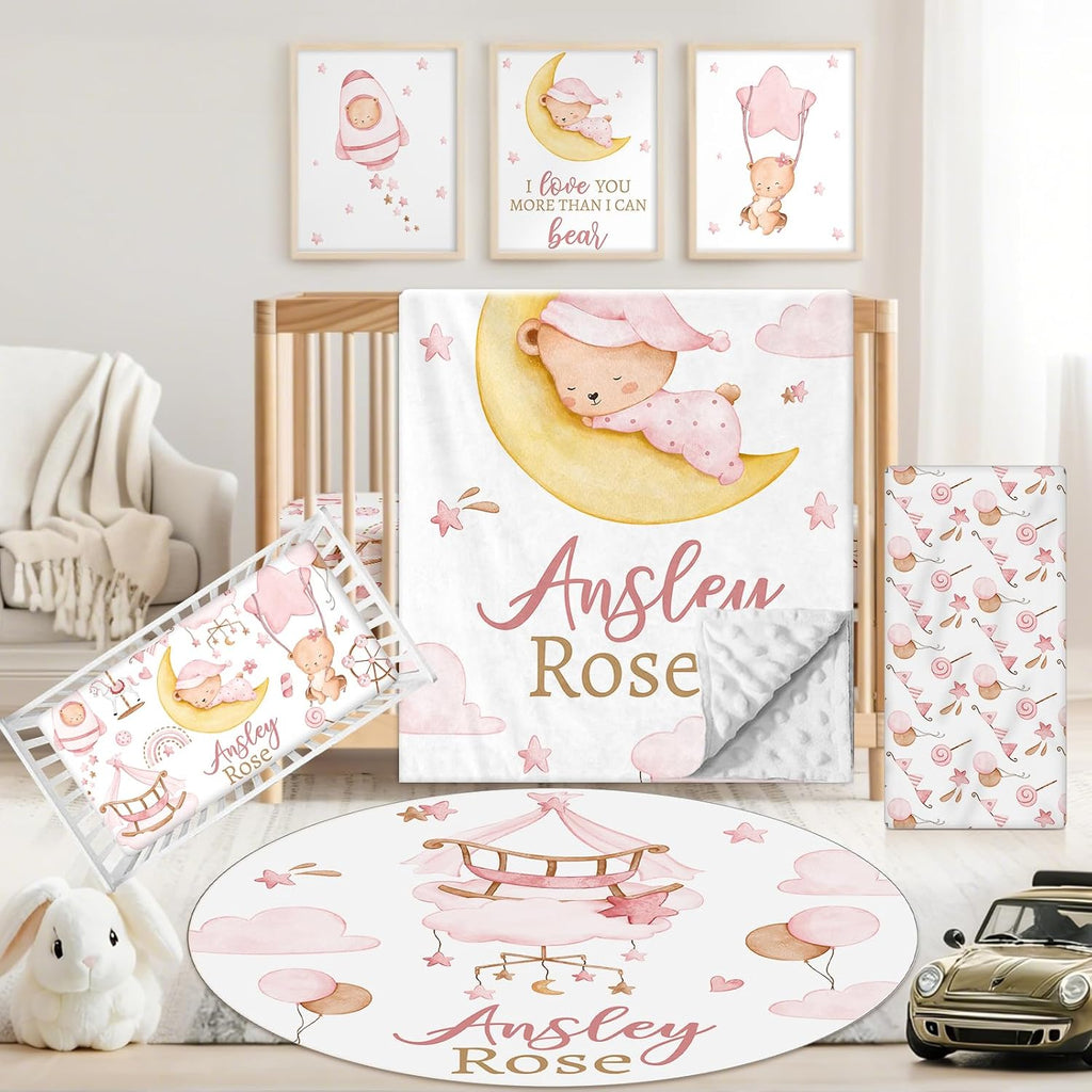 Custom Baby Crib Bedding Set, 5 PCS Personalized Name Baby Crib Sets for Girls Boys, Pink Bear Theme Nursery Bedding Sets for Infant Toddler, Double Layer Flannel Bed Set Customized Gifts