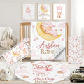 Custom Baby Crib Bedding Set, 5 PCS Personalized Name Baby Crib Sets for Girls Boys, Pink Bear Theme Nursery Bedding Sets for Infant Toddler, Double Layer Flannel Bed Set Customized Gifts