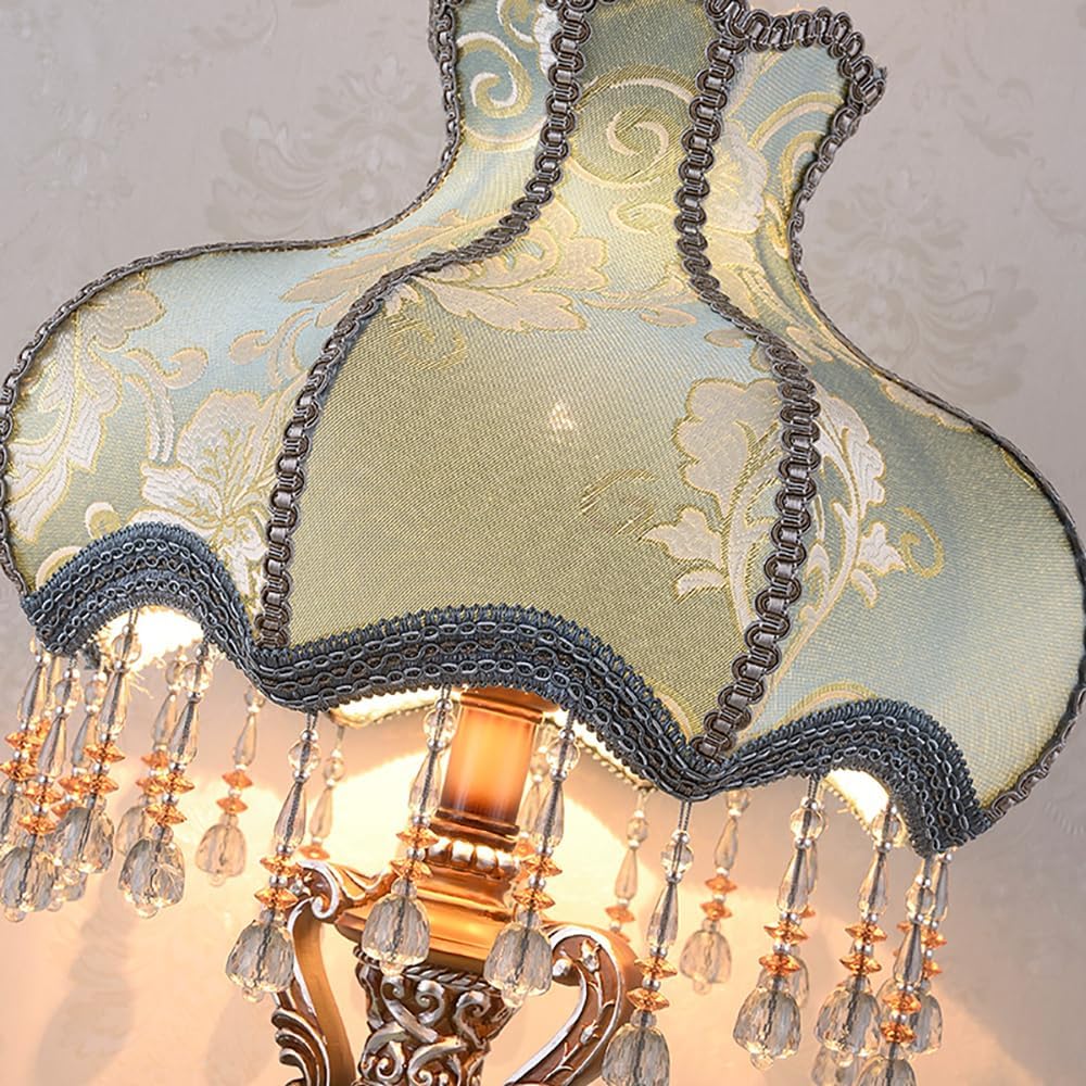 Lovely Table Lamp with Fabric Lampshade, Antique Flower Decorative Bedside Desk Lamp, Crystal Night Light for Bedroom Nightstand, Blue Finish
