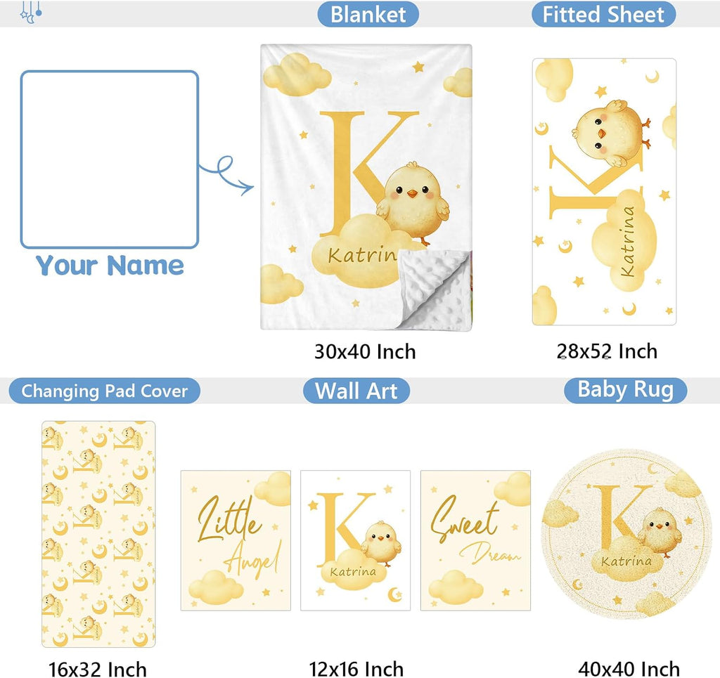 KAINSY Custom Crib Bedding Set, 5 Pcs Personalized Name Monogram Baby Crib Sets for Infants Toddlers, Yellow Chick Nursery Bedding Set for Boys Girls, Double Layer Baby Bedding Sets Customized Gifts