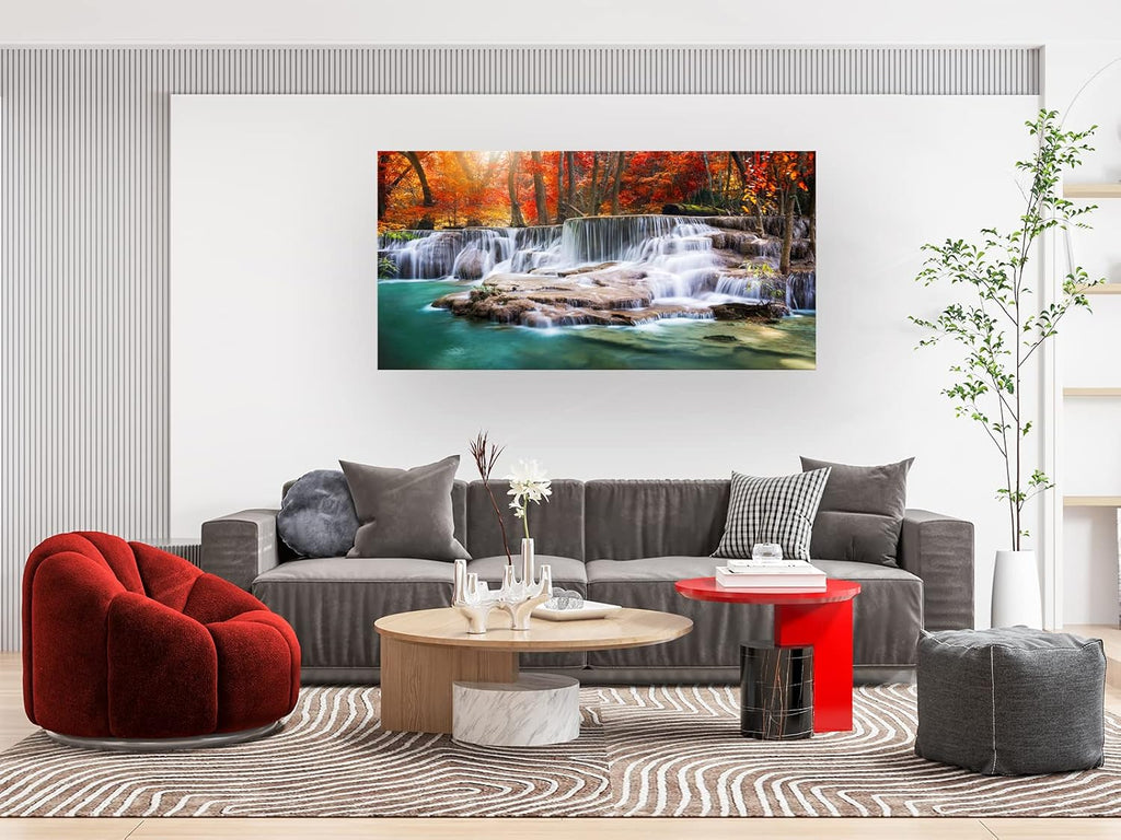 Aibonnly Wall Art Canvas Painting Red Forest Waterfalls 1 Piece Modern Landscape Tree Picture Poster Print Framed and Stretched Ready to Hang for Living Room Bedroom Kitchen Office Home Decor