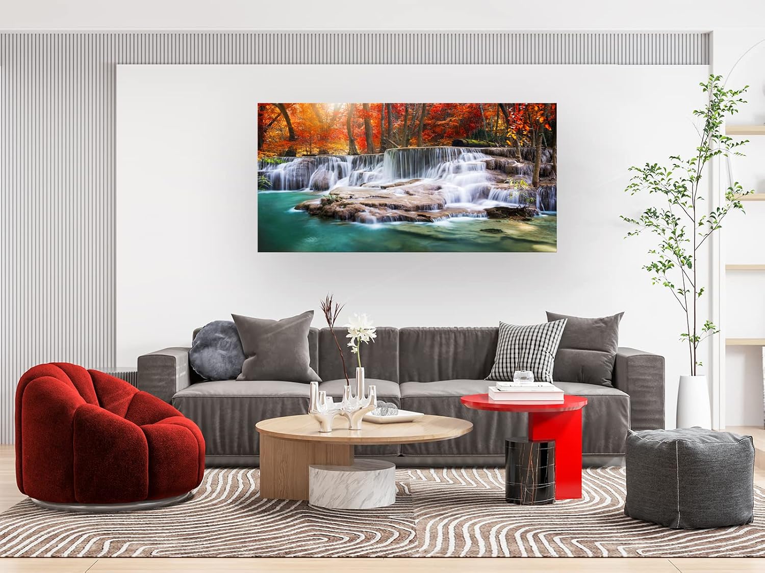 Aibonnly Wall Art Canvas Painting Red Forest Waterfalls 1 Piece Modern Landscape Tree Picture Poster Print Framed and Stretched Ready to Hang for Living Room Bedroom Kitchen Office Home Decor
